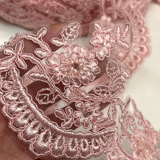 Closeup of Beading on  Pink beaded corded floral scalloped lace Trim - LaceUSA 96215WHB
