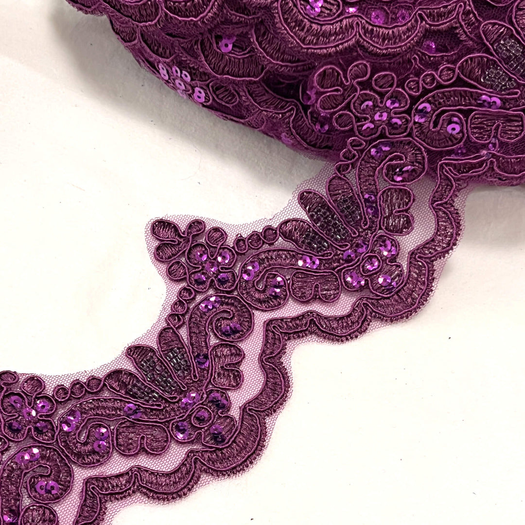 Ribete de encaje con cordón y cuentas bordado en malla de red 100 % poliéster | Encaje EE. UU.