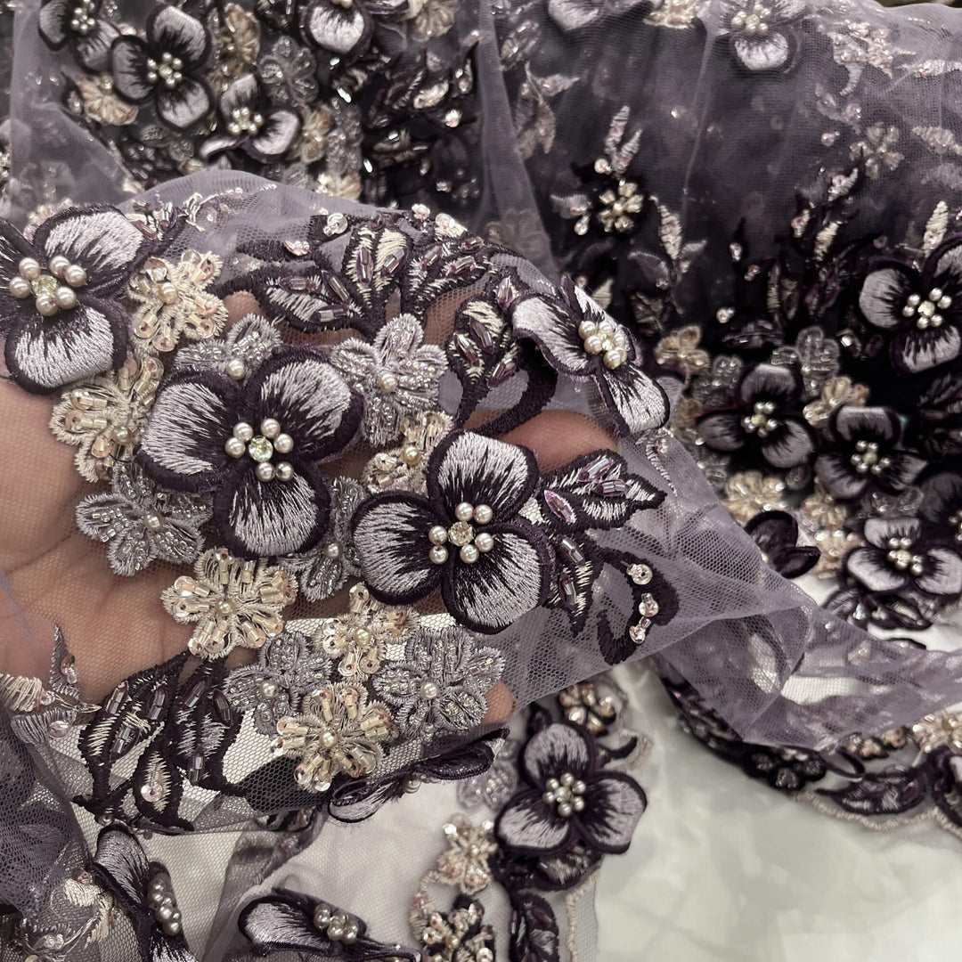 Closeup view of Lace USA GD-3040 3D Plum & antique silver floral lace, embellished with beads and rhinestones—ideal for dresses, gowns, and formalwear.