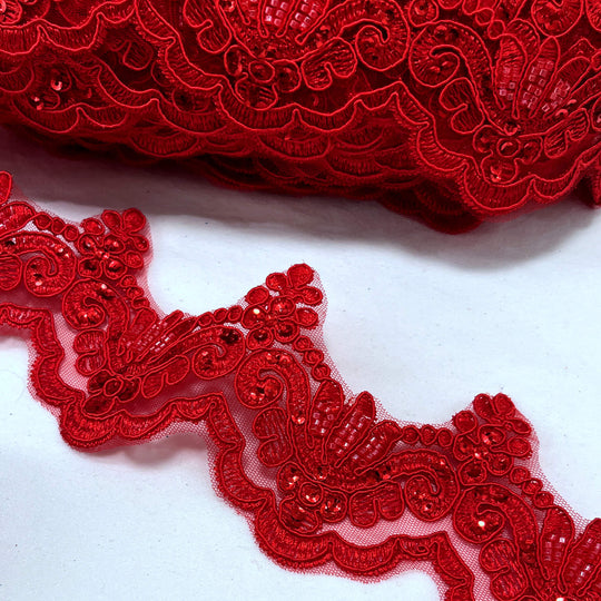 Ribete de encaje con cordón y cuentas bordado en malla de red 100 % poliéster | Encaje EE. UU.