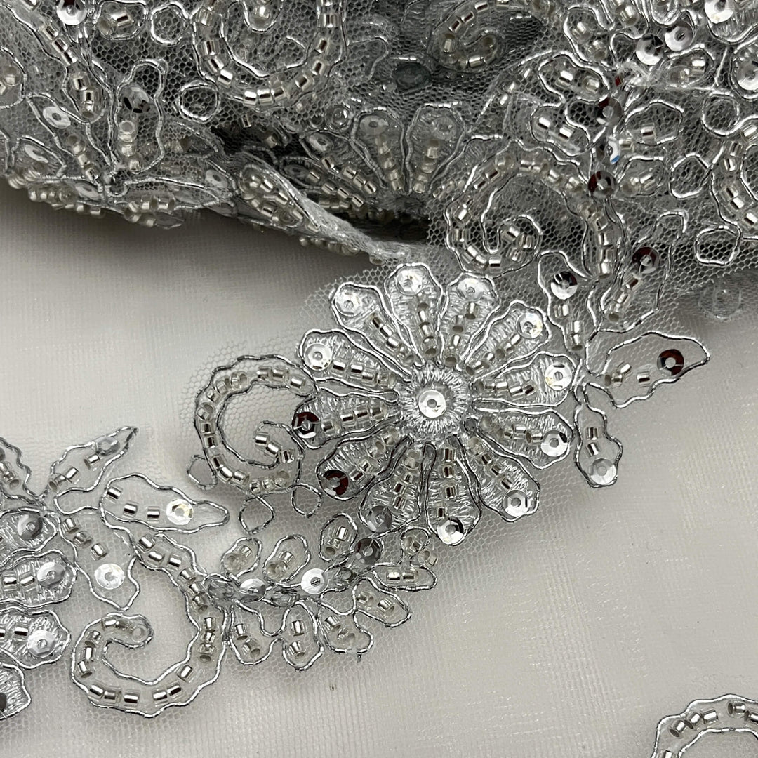 Closeup of Silver Meta;oc color  Floral Beaded and Corded Lace Trim Embroidered Net Mesh | Lace USA #96275WHB SMetalic