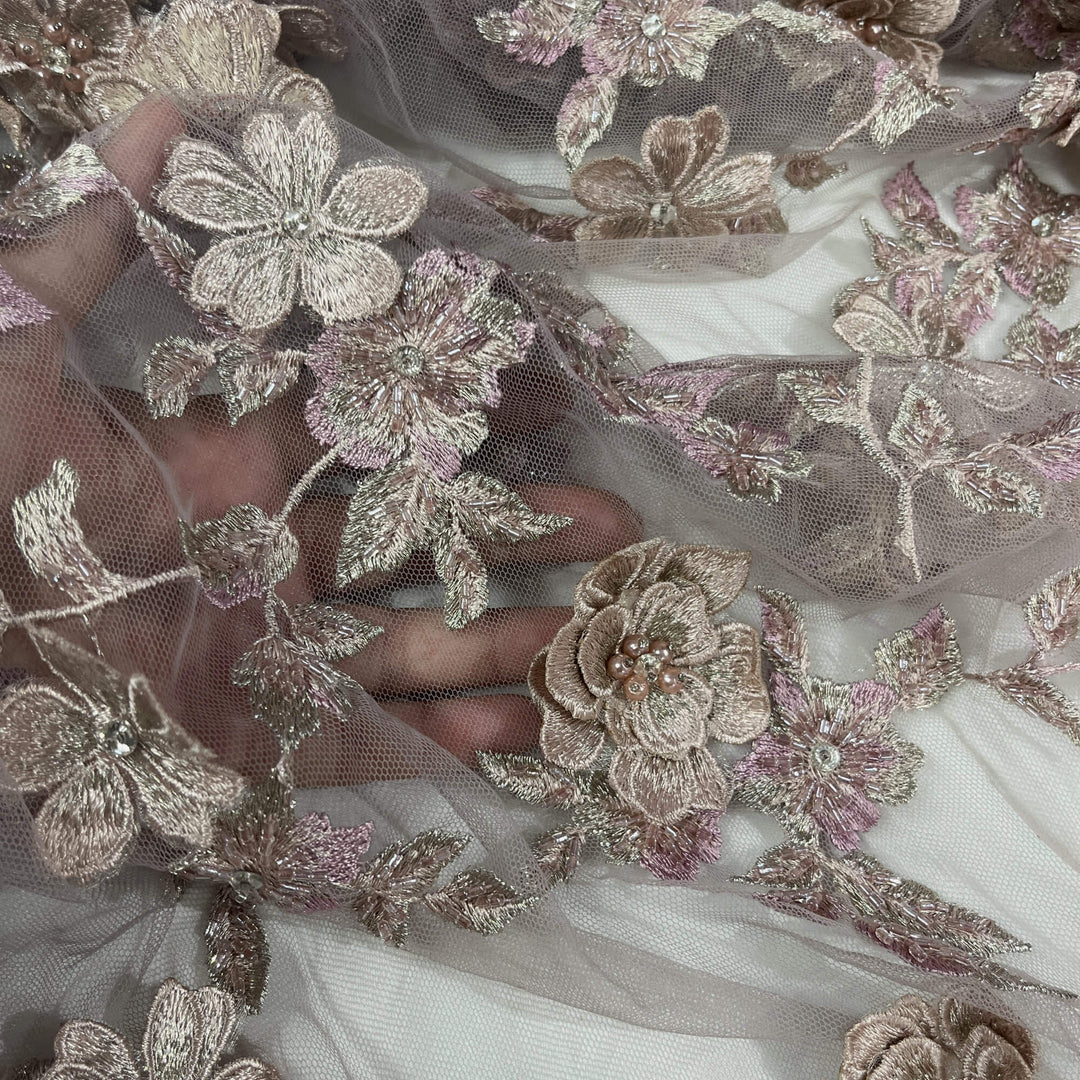 Close up of Skin Color  with slight pink Beaded 3D Floral Lace Embroidered on Net Mesh LaceUSA Item GD1613