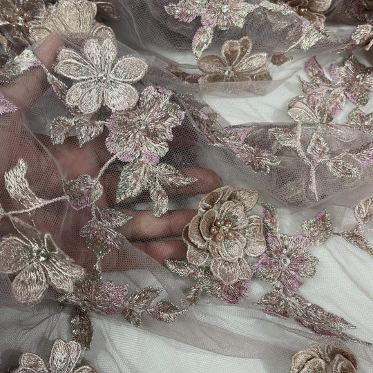 Close up of Skin Color  with slight pink Beaded 3D Floral Lace Embroidered on Net Mesh LaceUSA Item GD1613
