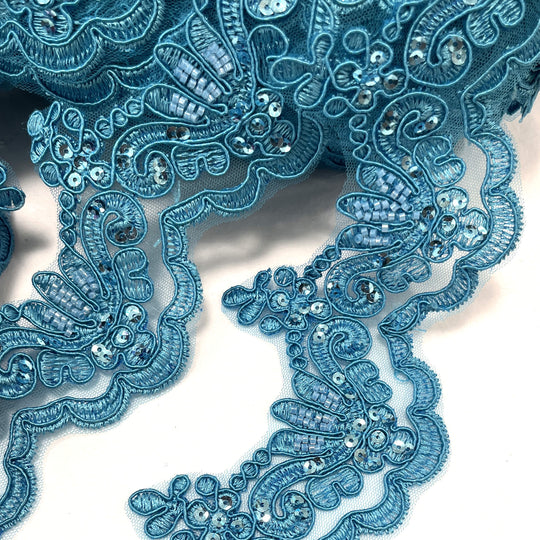 Ribete de encaje con cordón y cuentas bordado en malla de red 100 % poliéster | Encaje EE. UU.