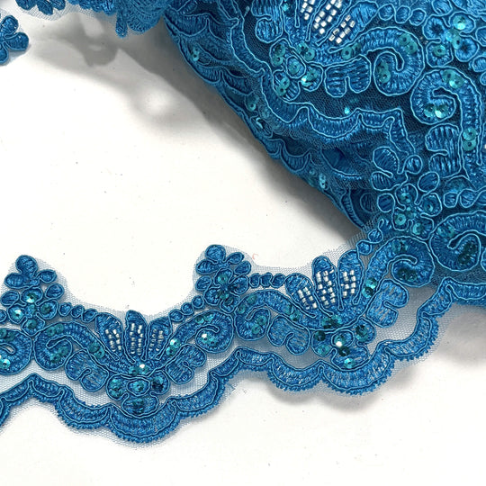 Ribete de encaje con cordón y cuentas bordado en malla de red 100 % poliéster | Encaje EE. UU.