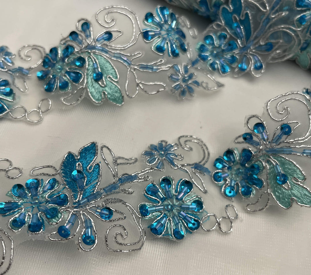 Closeup of Beaded, Corded & Embroidered on Organza Turquoise with Silver Trimming | Lace_USA_96283NBP