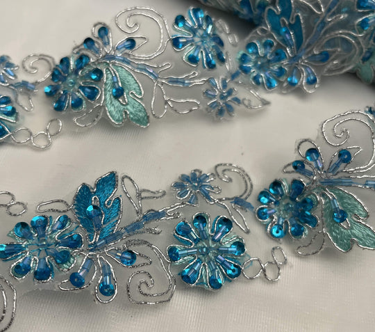 Closeup of Beaded, Corded & Embroidered on Organza Turquoise with Silver Trimming | Lace_USA_96283NBP