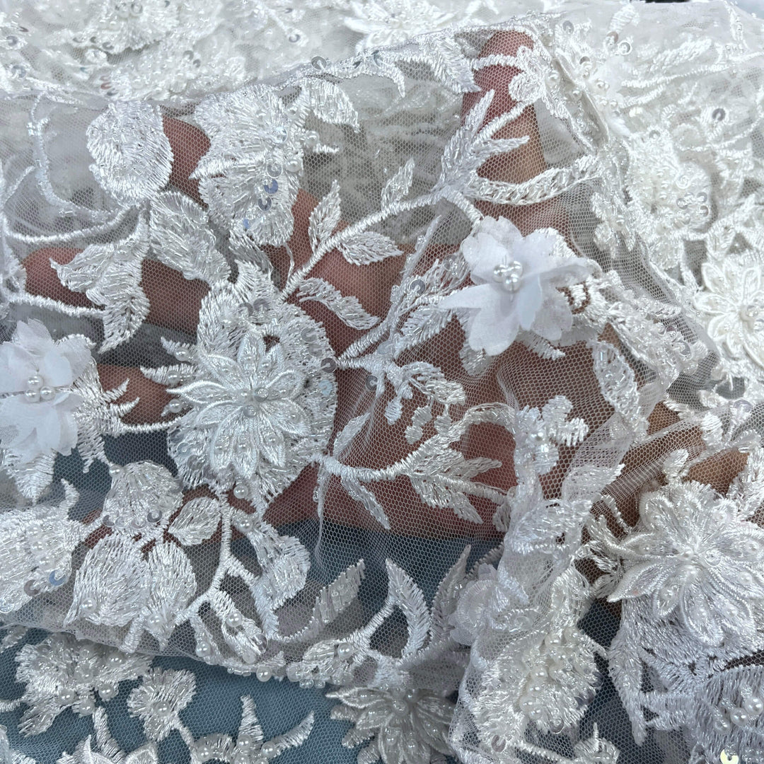 Beaded 3D Floral Lace Fabric with Rhinestones – Embroidered Bridal, Quinceañera & Evening Dress Lace | Lace USA - GD-3165