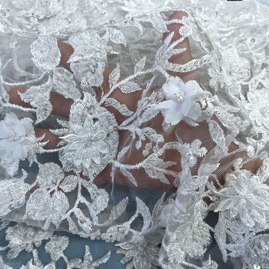 Beaded 3D Floral Lace Fabric with Rhinestones – Embroidered Bridal, Quinceañera & Evening Dress Lace | Lace USA - GD-3165