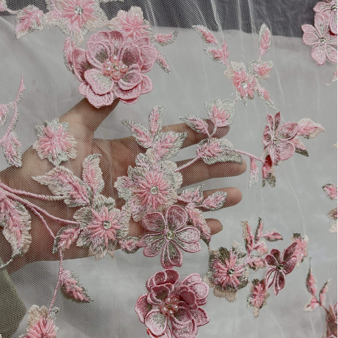 Closeup of Pink  Beaded 3D Floral Lace-Fabric Embroidered on net mesh by LaceUSA  item GD1613 