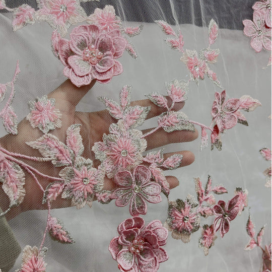 Closeup of Pink  Beaded 3D Floral Lace-Fabric Embroidered on net mesh by LaceUSA  item GD1613 