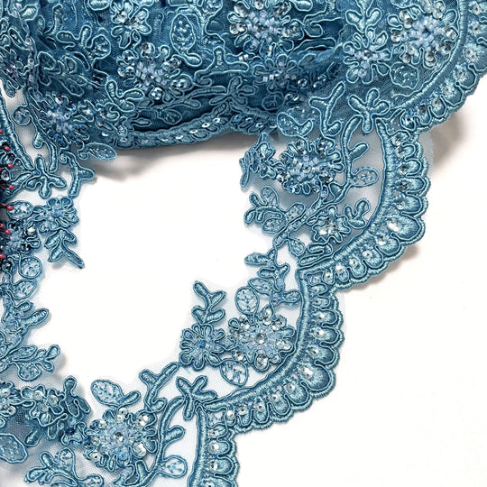 Beaded & Corded Floral scalloped Bridal Lace Trimming  | Lace USA - 96215W-BP