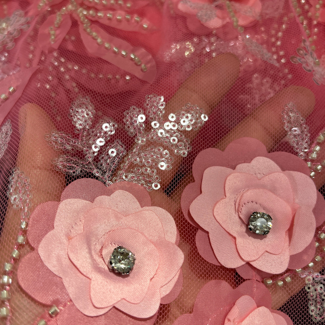 Close-up of coral floral Beaded Sequined  3D  Lace Fabric, perfect for  Quinceanera gowns -  Lace USA - GD-229