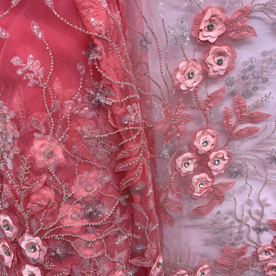 Coral 3D Floral Lace Fabric with beads and sequin. Perfect for Quinceanera and dance costumes | Lace USA - GD-229