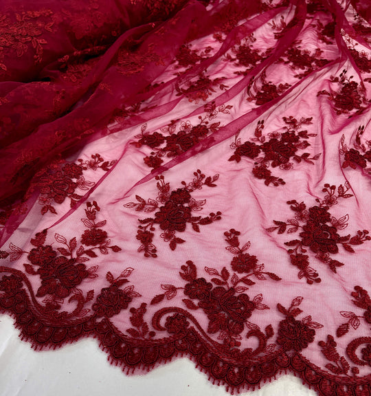 Corded Bridal Lace Fabric Embroidered on 100% Polyester Net Mesh | Lace USA - 96517W