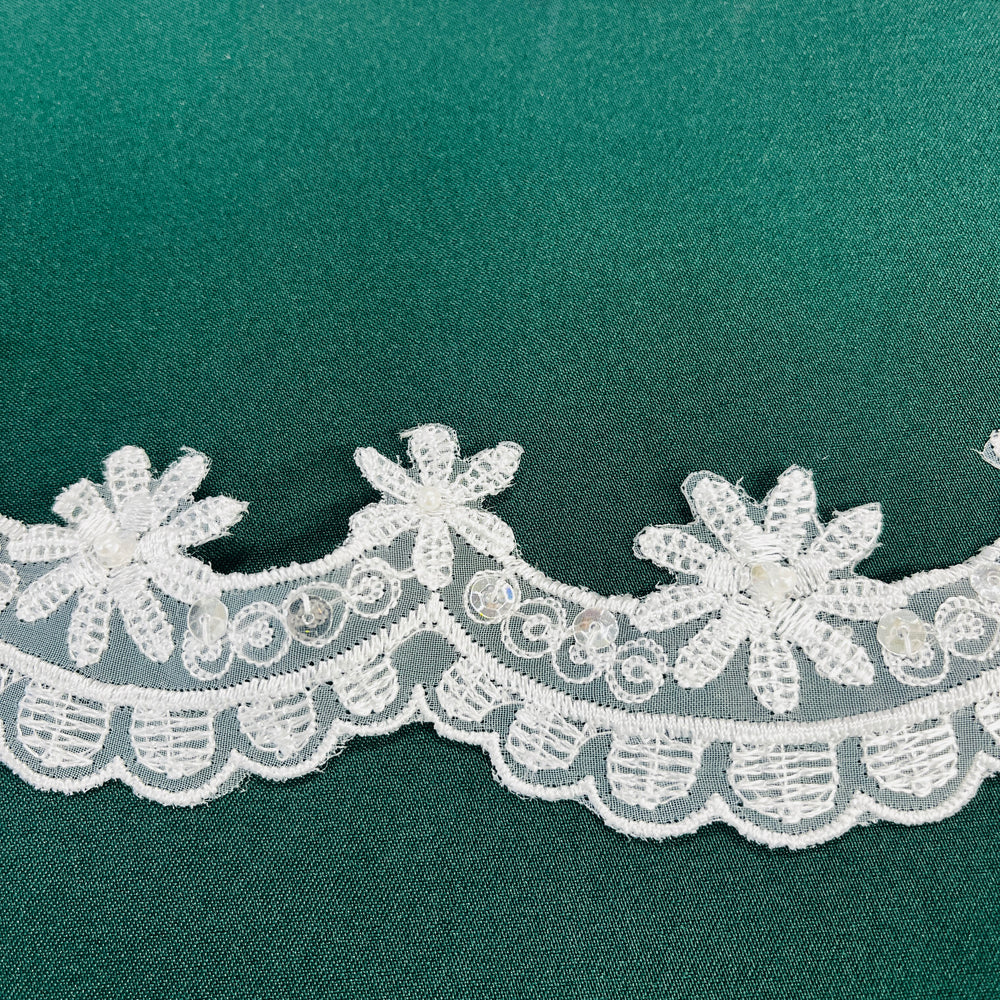 Beaded Lace Trimming Embroidered on 100% Polyester Organza | Lace USA - 20047N-BP-White
