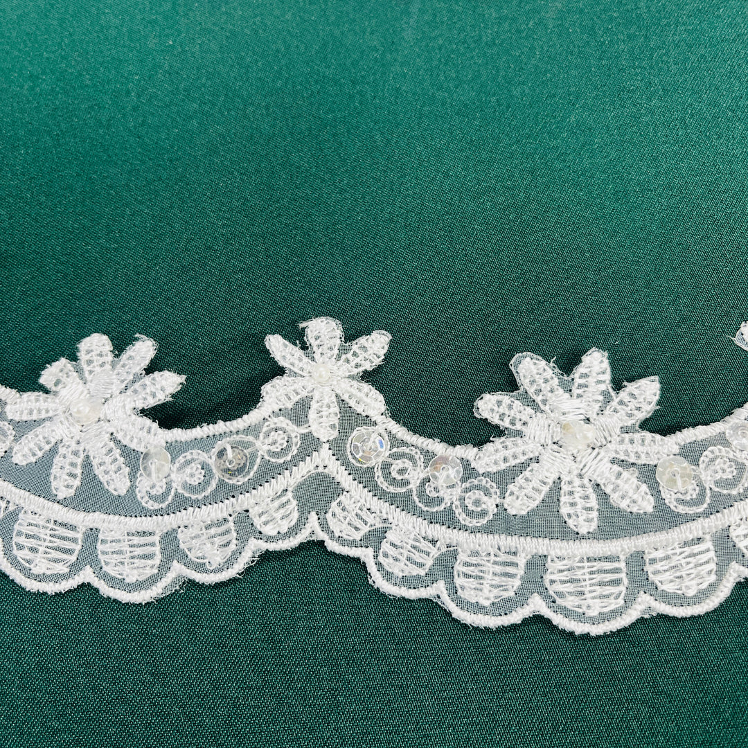 Beaded Lace Trimming Embroidered on 100% Polyester Organza | Lace USA - 20047N-BP-White