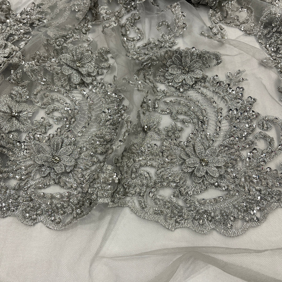 Beaded 3D Floral Lace Fabric Embroidered on 100% Polyester Net Mesh | Lace USA - GD-2302