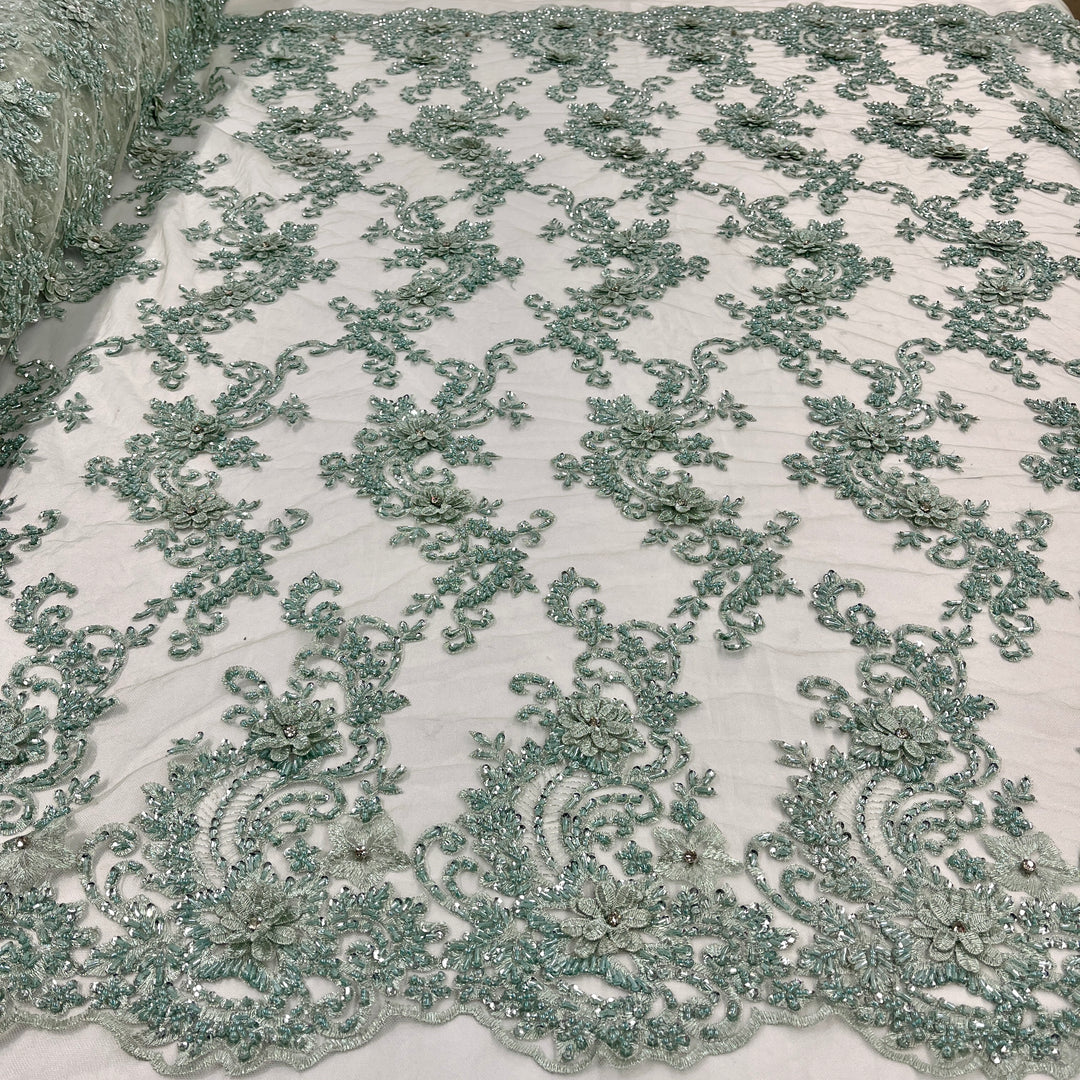 Beaded 3D Floral Lace Fabric Embroidered on 100% Polyester Net Mesh | Lace USA - GD-2302