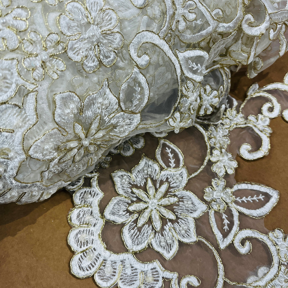 Beaded & Corded Lace Trimming Embroidered on 100% Polyester Organza | Lace USA - 95988N-BP