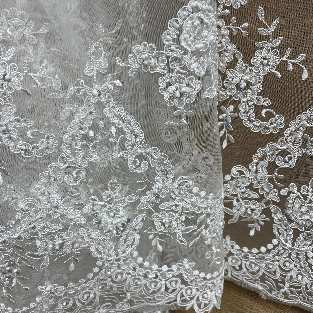 Beaded & Corded Bridal Lace Fabric Embroidered on 100% Polyester Net Mesh | Lace USA - 96806W-BPB