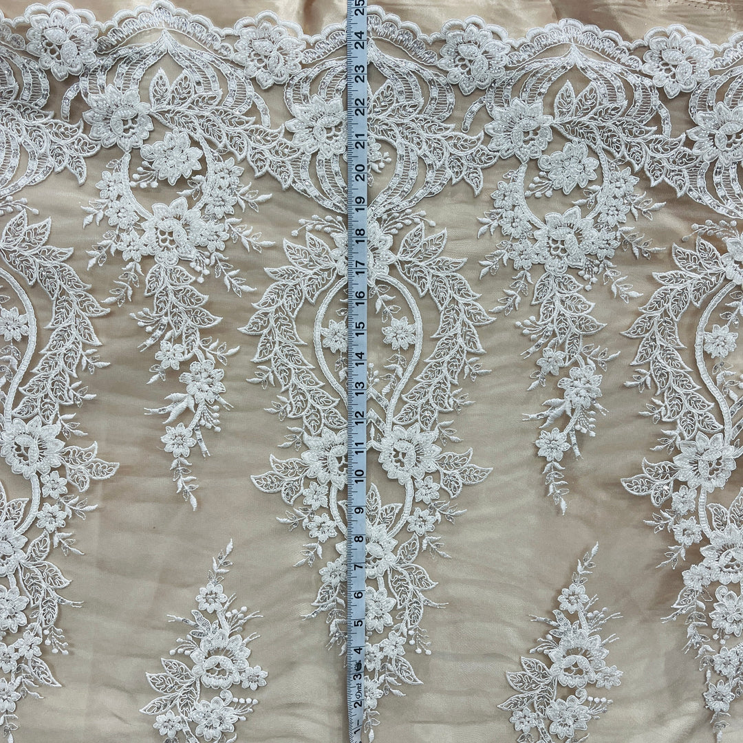 Beaded & Corded Bridal Lace Fabric Embroidered on 100% Polyester Net Mesh | Lace USA - GD-55619