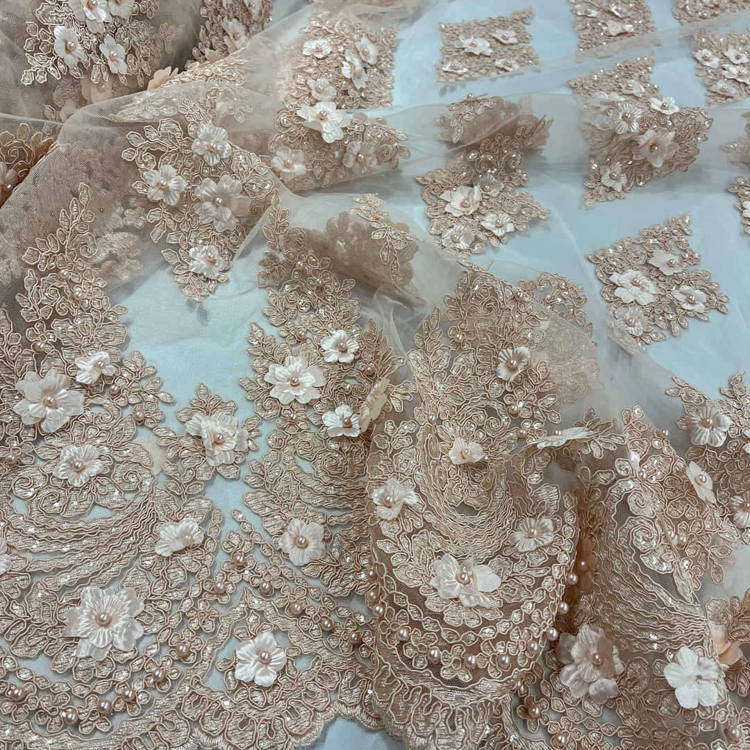 Beaded 3D Floral Lace Fabric Embroidered on 100% Polyester Net Mesh | Lace USA - GD-19211