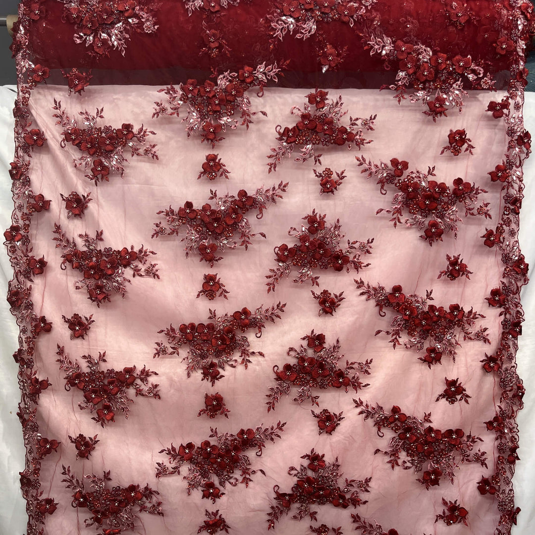 Full view of Lace USA GD-3040 3D Red floral lace, embellished with beads and rhinestones—ideal for dresses, gowns, and formalwear.