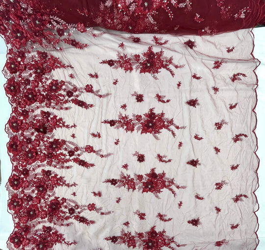 Beaded 3D Floral Lace Fabric Embroidered on 100% Polyester Net Mesh | Lace USA - GD-2880