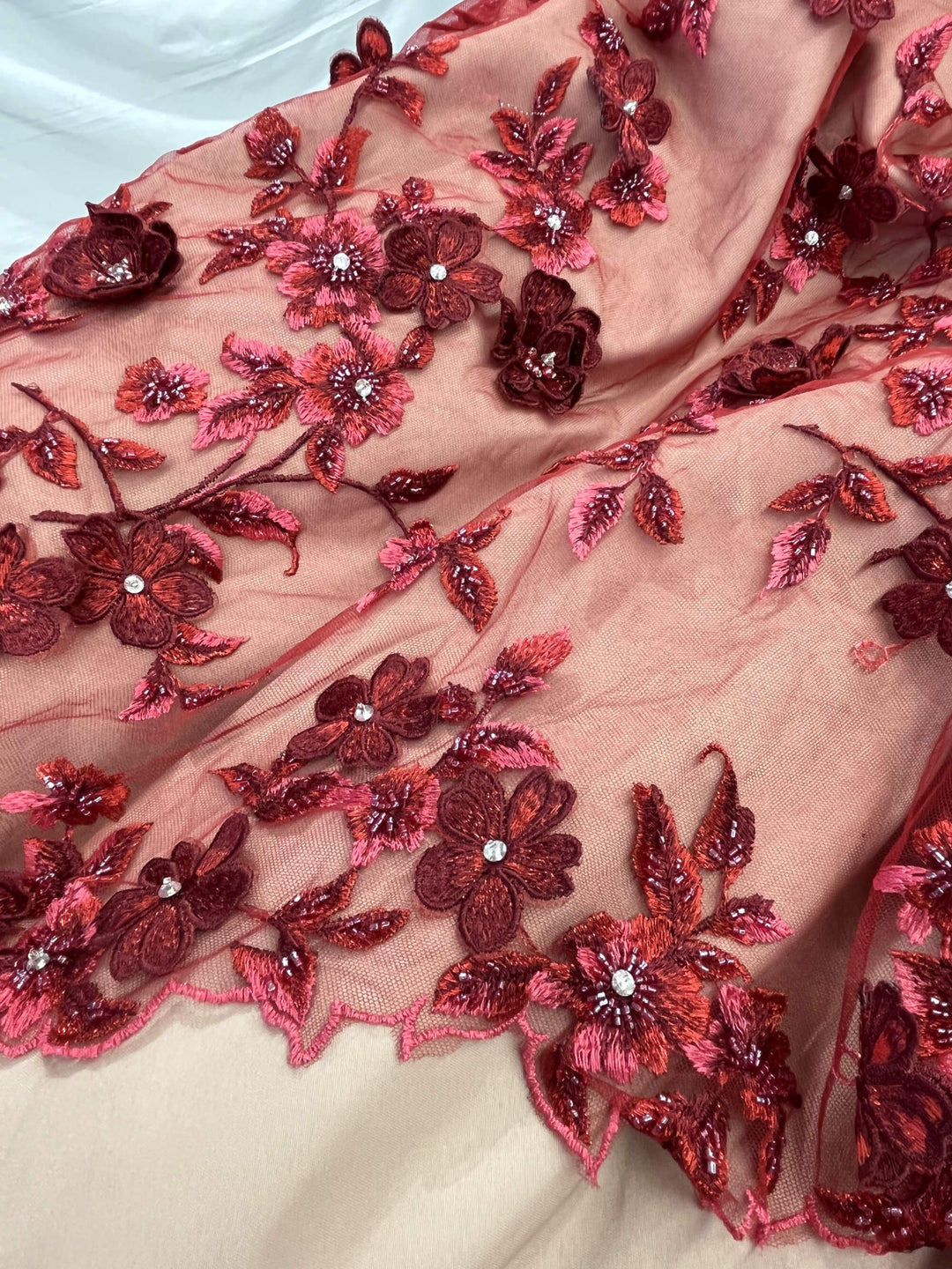Close-up of Lace USA GD-1613 3D floral lace in Dark Red, embellished with beads and rhinestones—ideal for gowns and formalwear