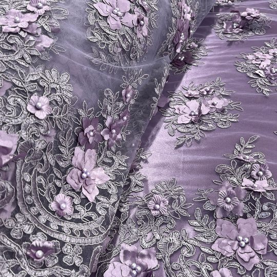 Beaded 3D Floral Lace Fabric Embroidered on 100% Polyester Net Mesh | Lace USA - GD-982