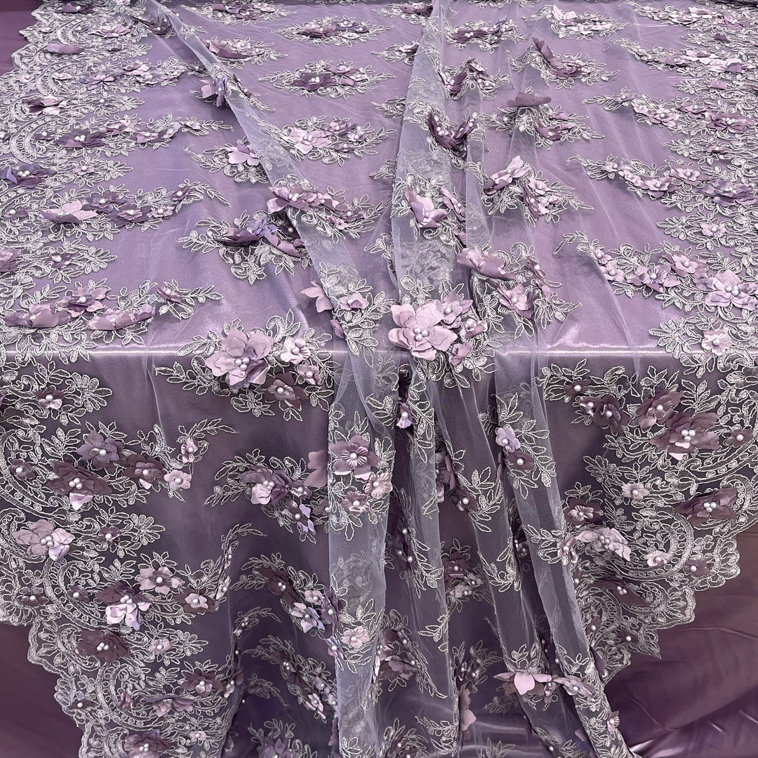 Beaded 3D Floral Lace Fabric Embroidered on 100% Polyester Net Mesh | Lace USA - GD-982