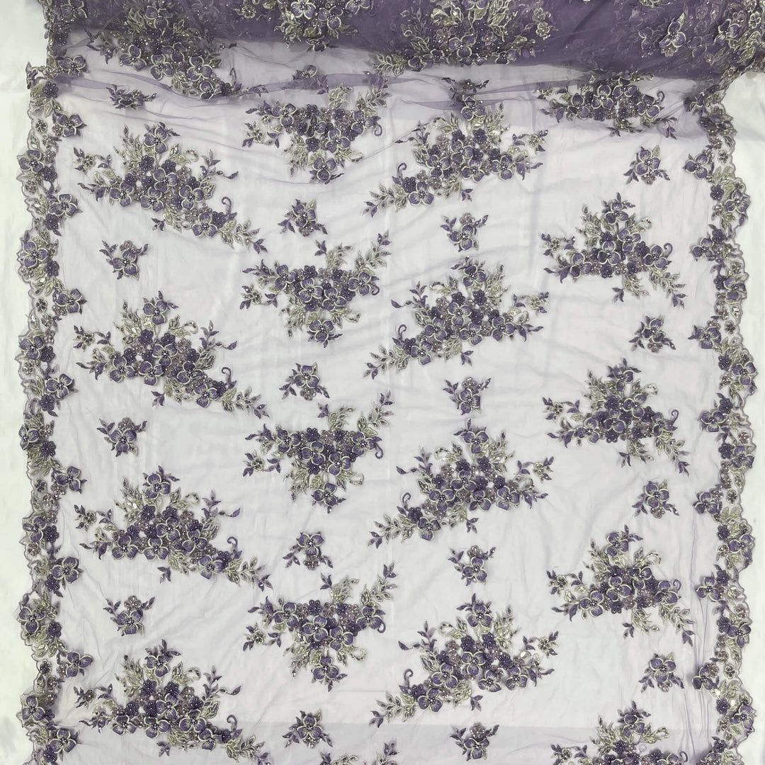 Full view of Lace USA GD-3040 3D Lilac floral lace, embellished with beads and rhinestones—ideal for dresses, gowns, and formalwear.