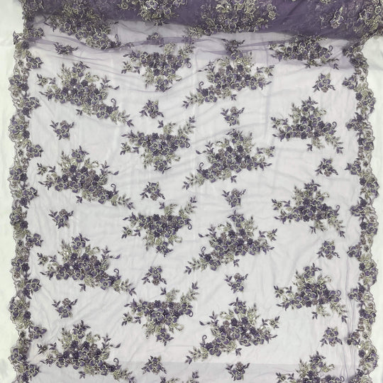 Full view of Lace USA GD-3040 3D Lilac floral lace, embellished with beads and rhinestones—ideal for dresses, gowns, and formalwear.