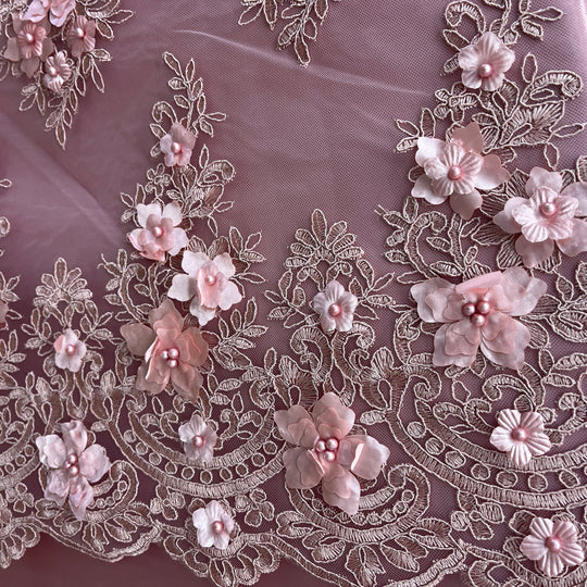 Beaded 3D Floral Lace Fabric Embroidered on 100% Polyester Net Mesh | Lace USA - GD-982