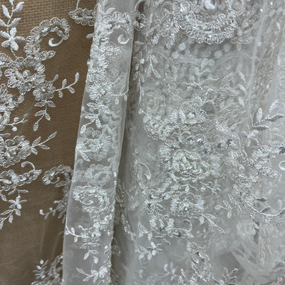 Beaded & Corded Bridal Lace Fabric Embroidered on 100% Polyester Net Mesh | Lace USA - 96806W-BPB