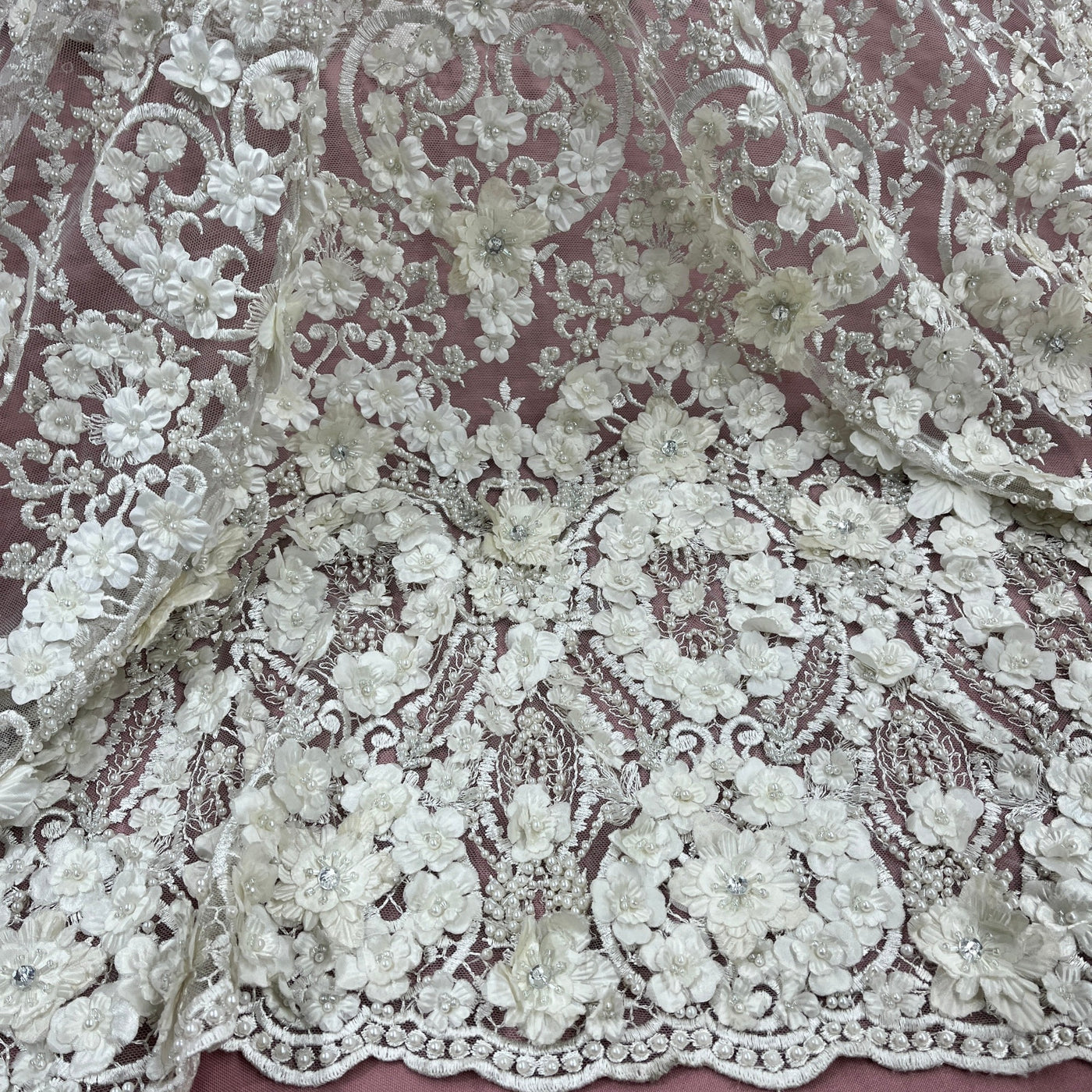 Beaded 3D Floral Lace Fabric Embroidered on 100% Polyester Net Mesh | Lace USA - GD-363