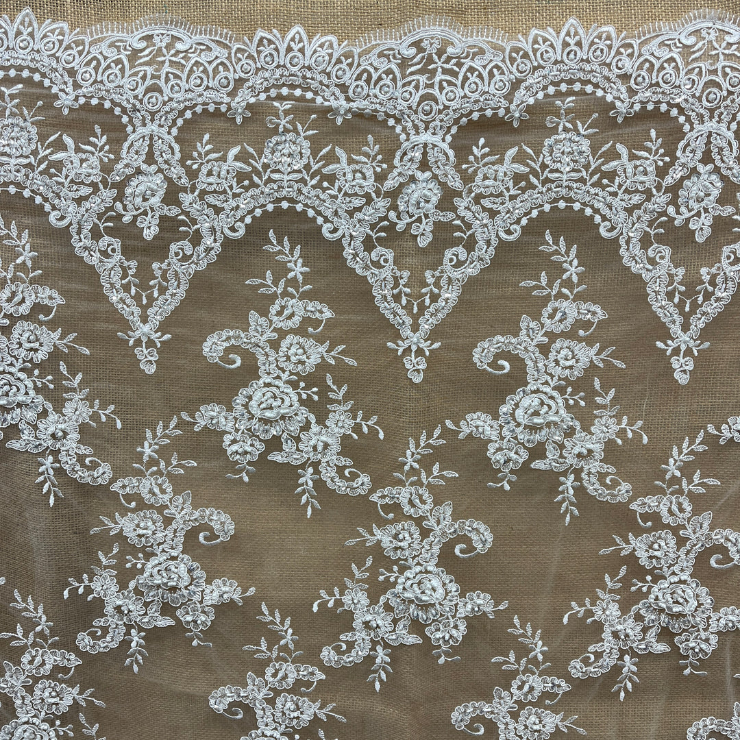 Beaded & Corded Bridal Lace Fabric Embroidered on 100% Polyester Net Mesh | Lace USA - 96806W-BPB