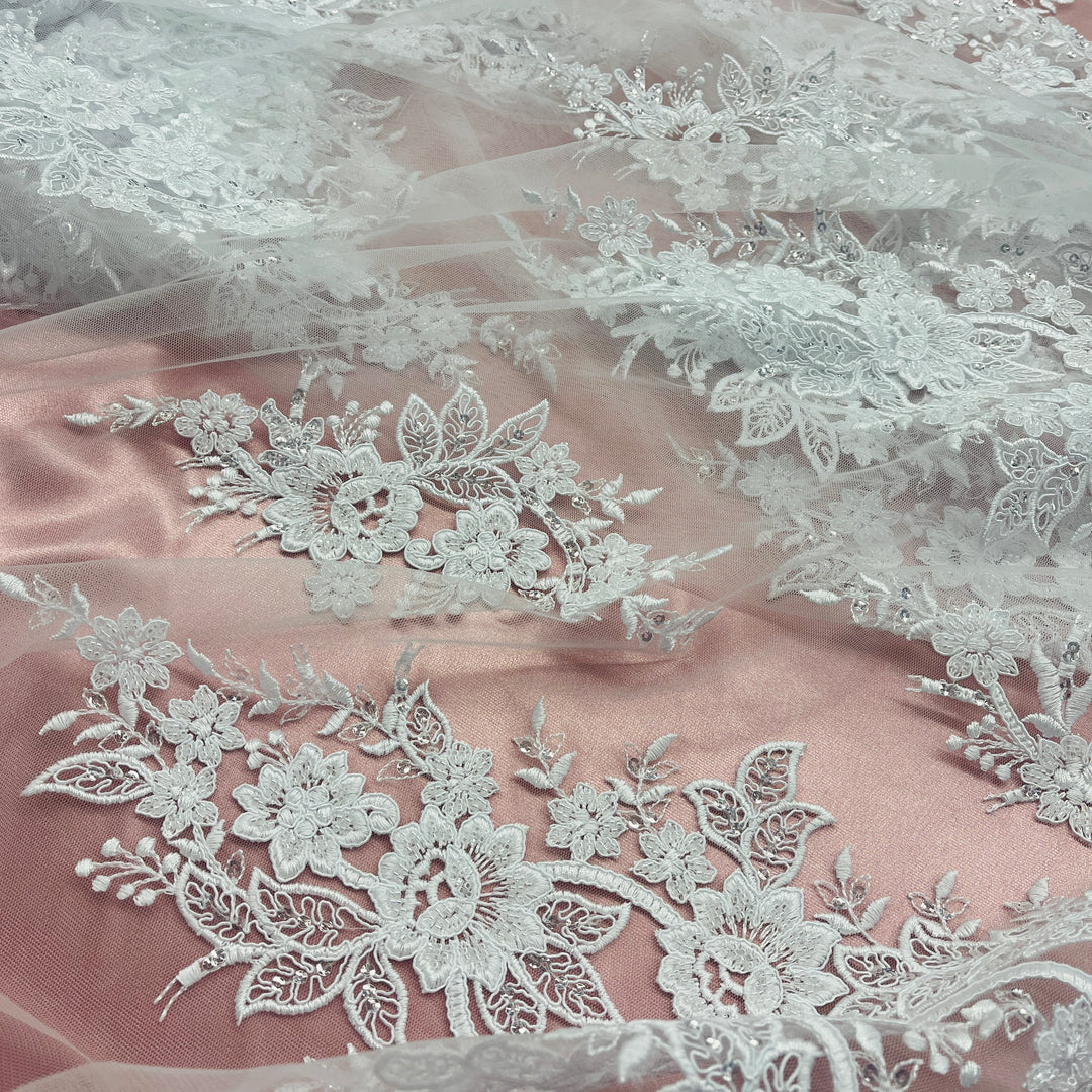 Beaded & Corded Bridal Lace Fabric Embroidered on 100% Polyester Net Mesh | Lace USA - GD-55619