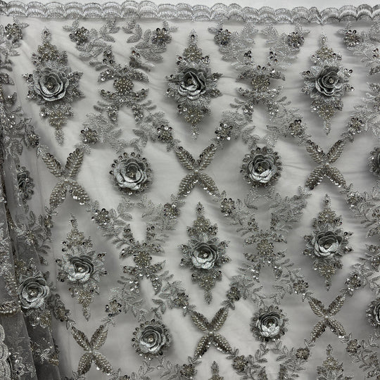 Beaded 3D Floral Lace Fabric Embroidered on 100% Polyester Net Mesh | Lace USA - GD-901