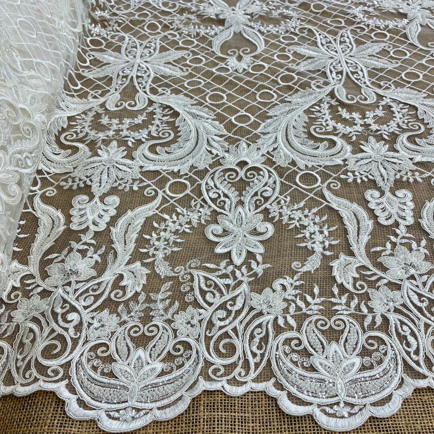 Beaded & Corded Bridal Lace Fabric Embroidered on 100% Polyester Net Mesh | Lace USA - GD-56024