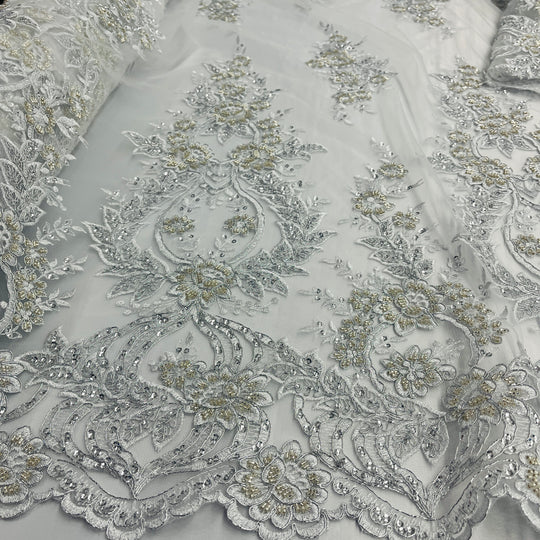 Beaded & Corded Bridal Lace Fabric Embroidered on 100% Polyester Net Mesh | Lace USA - GD-55619