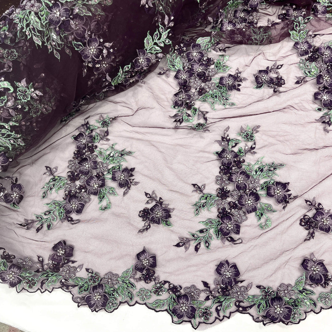 Mid view of Lace USA GD-3040 beaded 3D floral lace with mint and eggplant embroidery on mesh—ideal for gowns and formalwear
