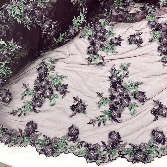 Mid view of Lace USA GD-3040 beaded 3D floral lace with mint and eggplant embroidery on mesh—ideal for gowns and formalwear