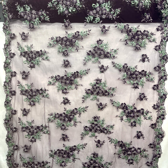 Full view of Lace USA GD-3040 beaded 3D floral lace with mint and eggplant embroidery on mesh—ideal for gowns and formalwear 
