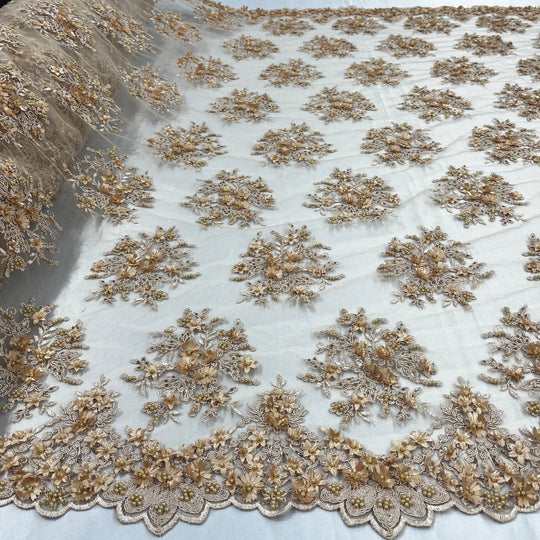 Beaded 3D Floral Lace Fabric Embroidered on 100% Polyester Net Mesh | Lace USA - GD-361