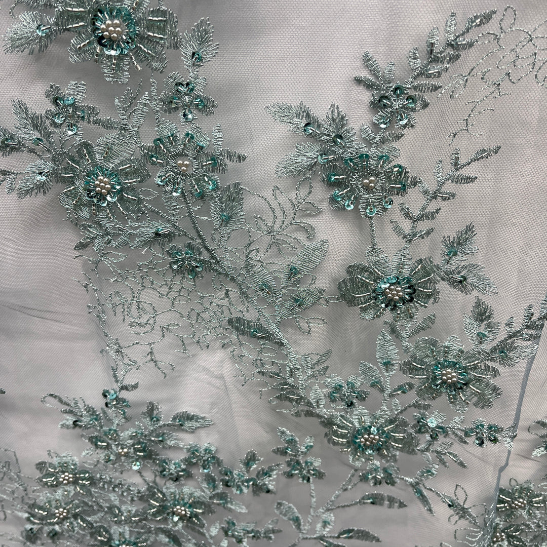 Beaded Floral Lace Fabric Embroidered on 100% Polyester Net Mesh | Lace USA - GD-18614