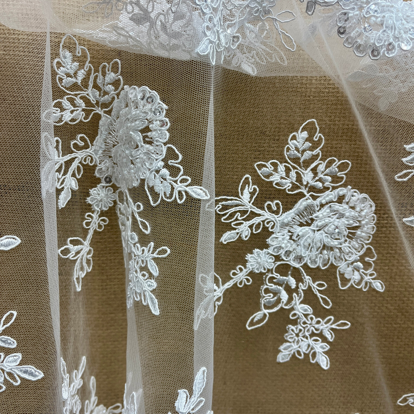 Beaded & Corded Bridal Lace Fabric Embroidered on 100% Polyester Net Mesh | Lace USA - 96788W-HB