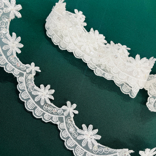 Beaded Lace Trimming Embroidered on 100% Polyester Organza | Lace USA - 20047N-BP-White