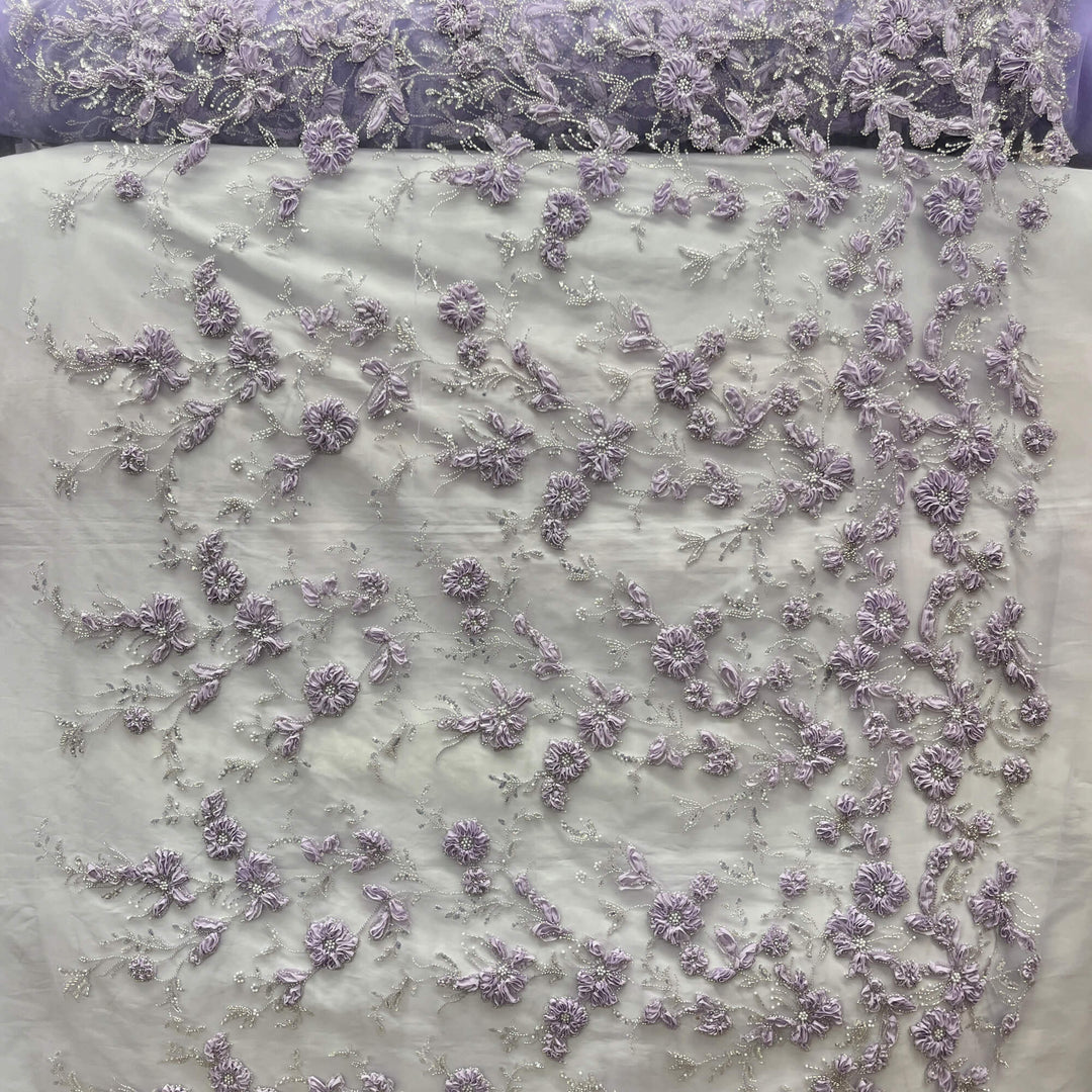 Beaded 3D Floral Lace Fabric Embroidered on 100% Polyester Net Mesh | Lace USA - GD-10143